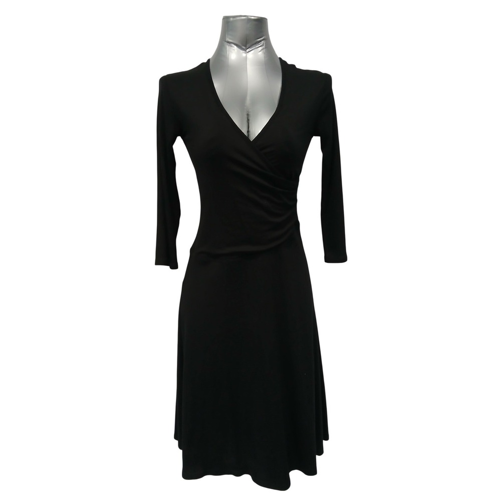 Garnet Hill Black XS Tencel V-Neck 3/4 Sleeve Brianna Dress Surplice Knit Dress